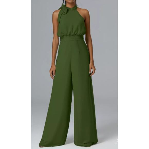 AW BRIDAL Pants - Women's Olive Halter Wide-Leg Jumpsuit